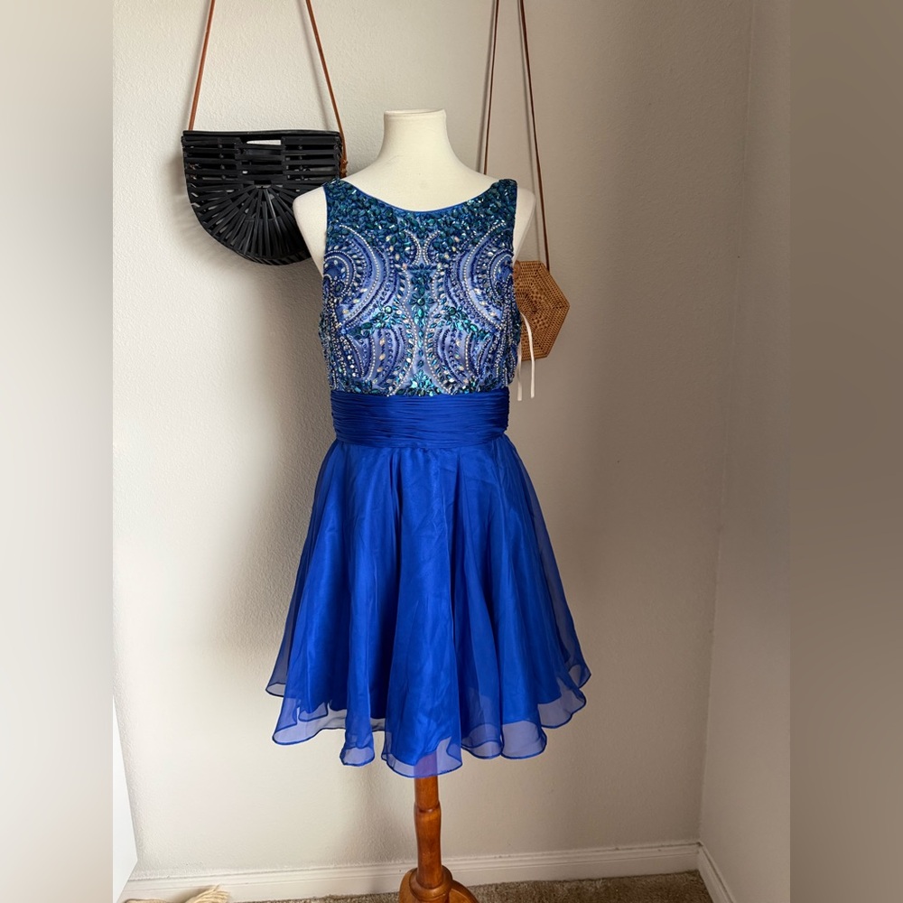 Cinderella Blue Sequin Sleeveless Layered A-Line Dress, Size 14
